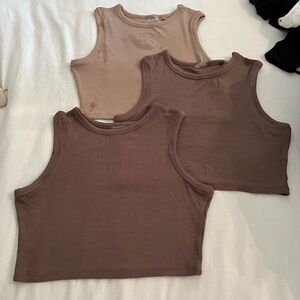 Trendy Sleeveless Ribbed Crop Tops - Tan and Brown